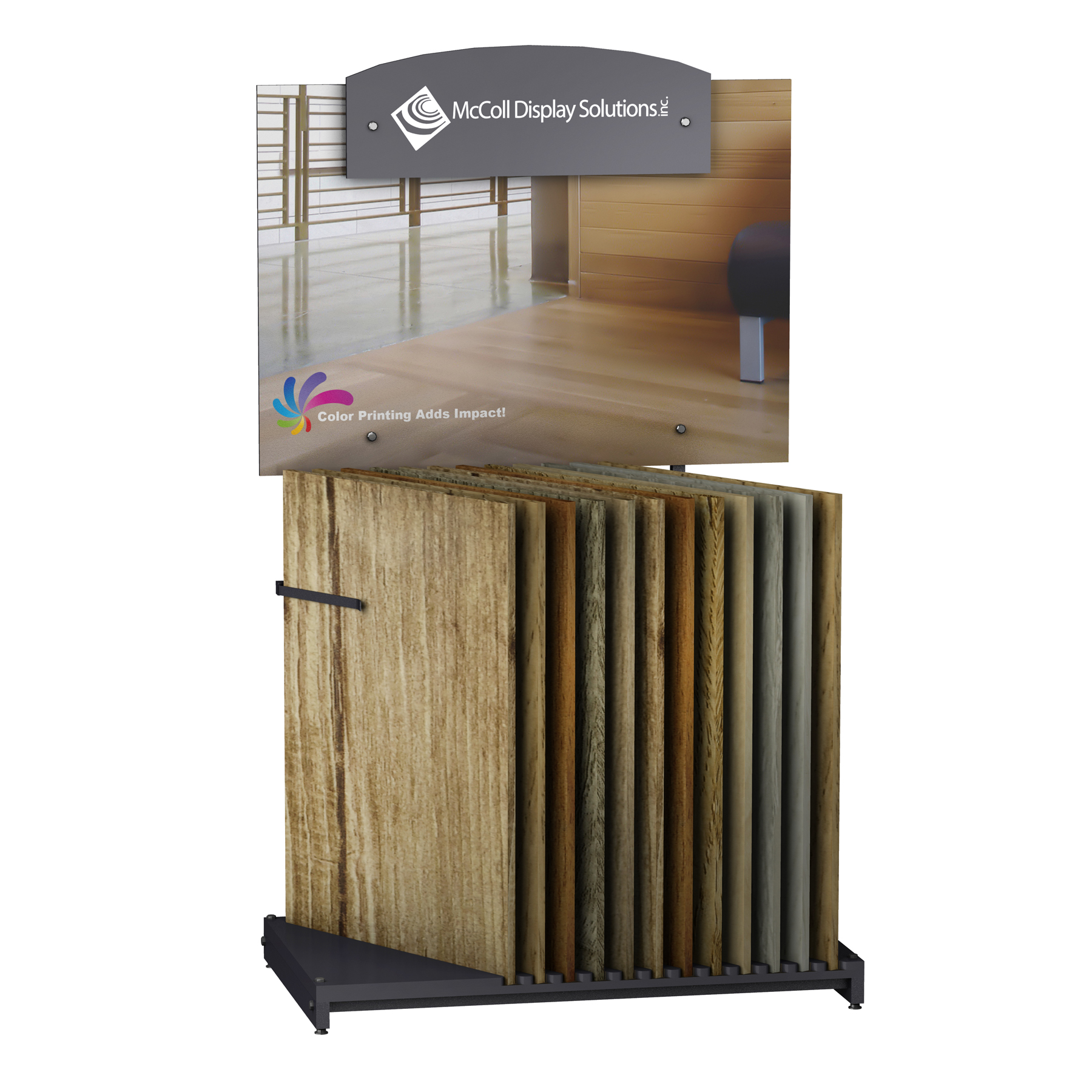 Hardwood Display CD101 Shows Wood and Laminate Planks easy to make Custom with or without Screen Printed or Full Color Signage