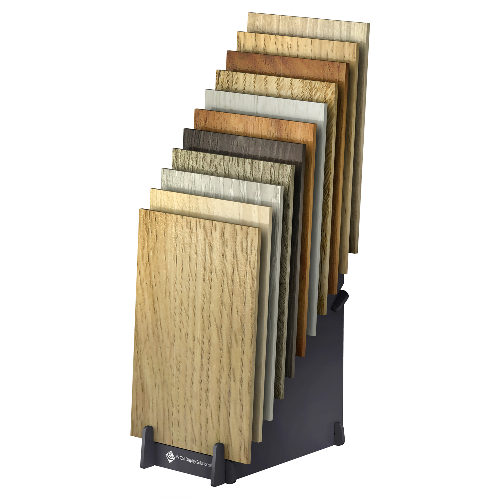 Eleven Slot Slip-Fit Samples up to Thick Inch Waterfall Cascade Rack for Hardwood Laminate Bamboo Reclaimed Wood Plank Flooring Showroom Sample Display