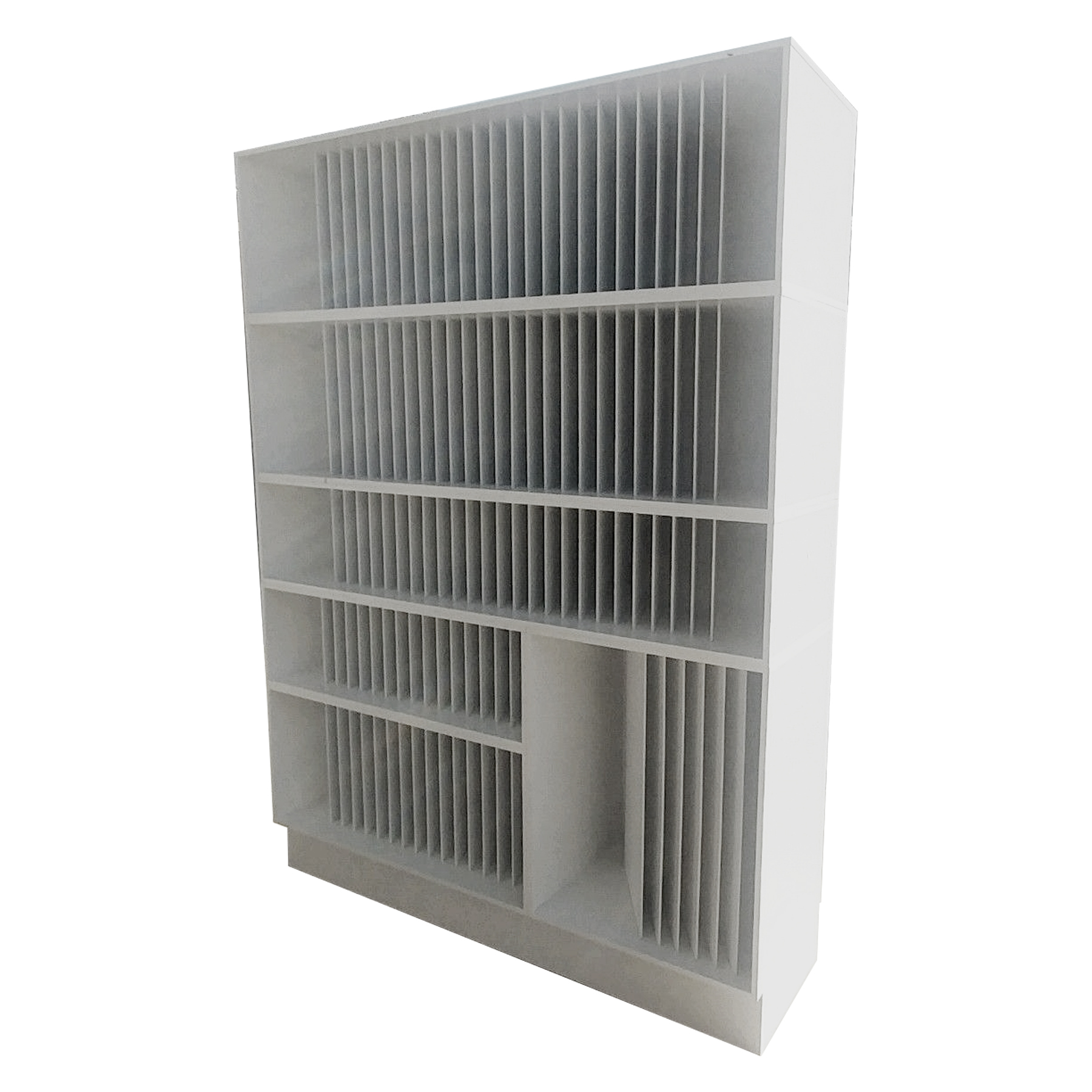 McHandy Rack Vertical Shelf Tower Display White Finish Custom Size Partitions for Different Sized Samples